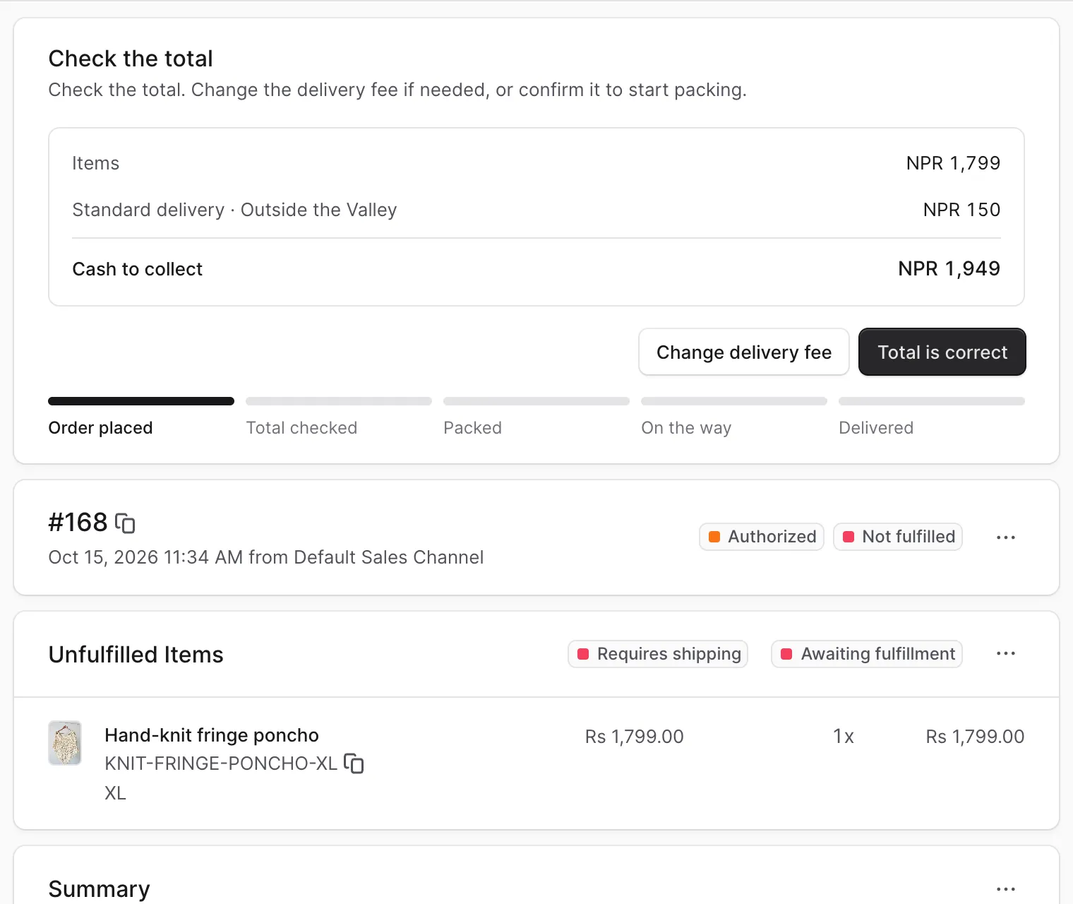 An order in the admin with a Check the total panel, Change delivery fee and Total is correct buttons, and progress steps