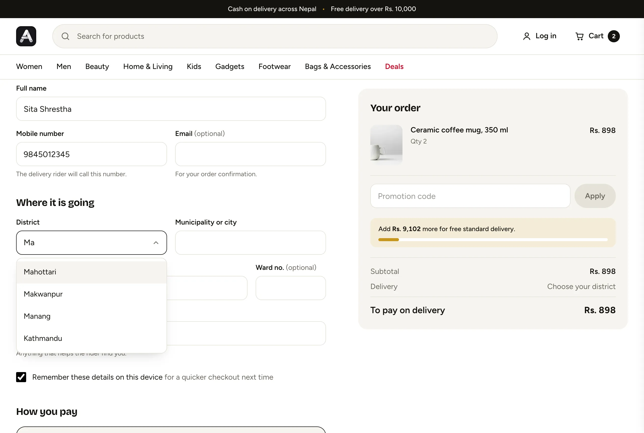 Checkout form with the district box open, showing matching districts as the customer types