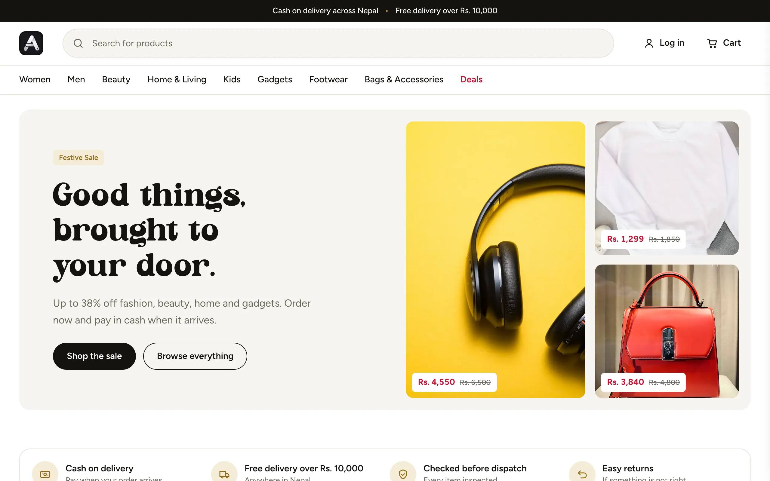 An Astra Ecom store home page with a festive sale, product photos with prices in rupees, and a cash on delivery banner